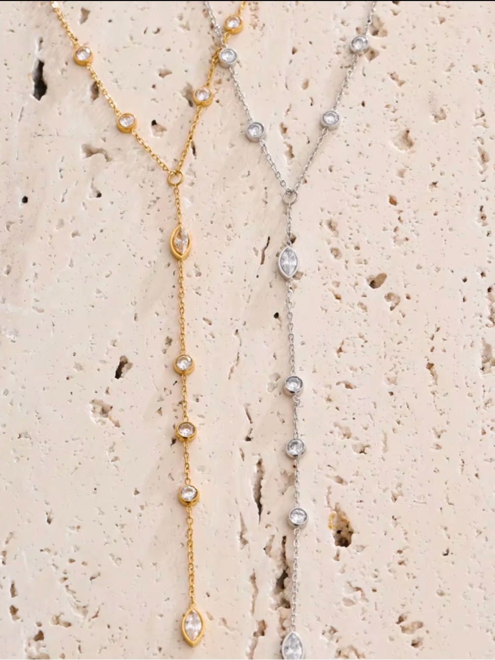 Delicate Gold and Silver Stationed Stainless Steel Crystal Y-Necklace